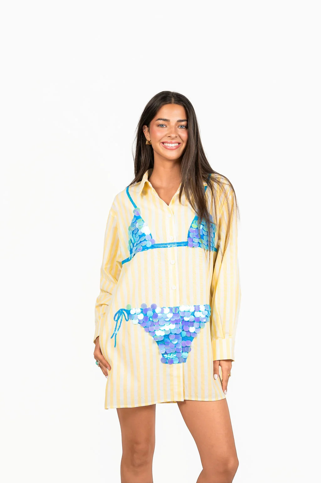 Yellow Striped Blue Paillette Bikini Tunic | Queen of Sparkles