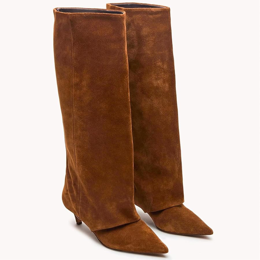 Brown Suede Knee High Boots for Women Comfortable Pull on Pointed Toe 2 Inch Kitten Heel Fold Ove... | Amazon (US)