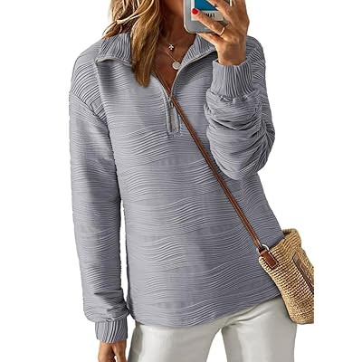 Dokotoo Women's Casual Half Zip Long Sleeve Pullover Shirts Solid Color Textured… | Amazon (US)