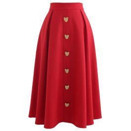 Heart Shape Button Embellished A-Line Midi Skirt in Red | Chicwish