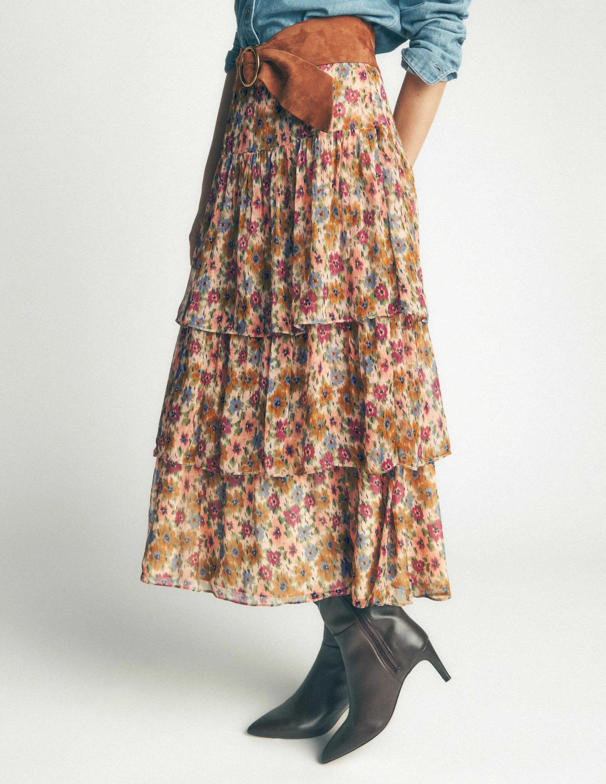 Tiered Ruffle Midi Skirt-Multi, Flecked Garden | Boden (US)