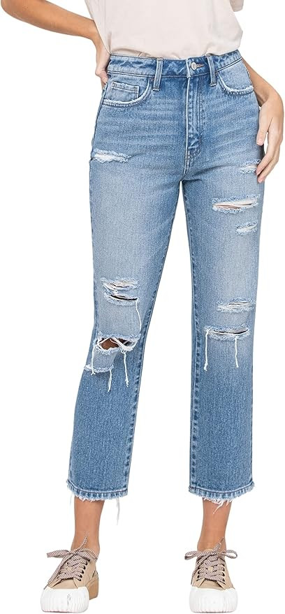 VERVET by Flying Monkey Super HIGH Rise Distressed Crop Straight, Light Blue | Amazon (US)