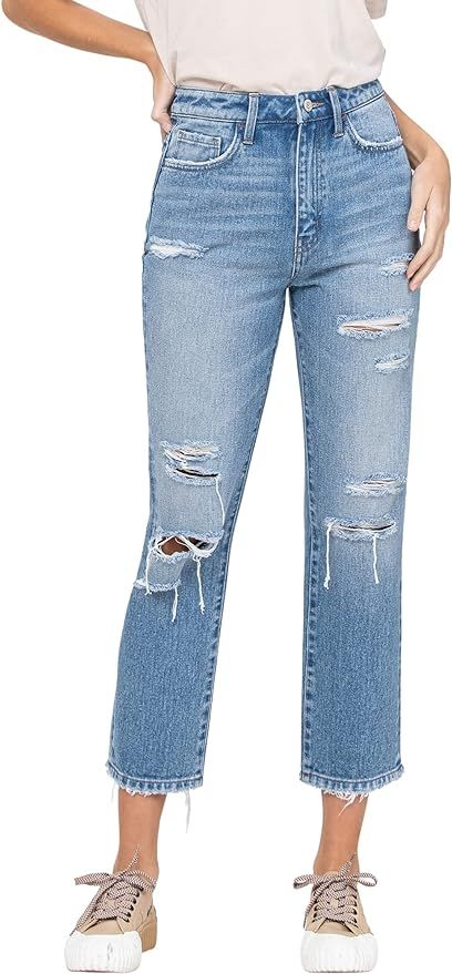 VERVET by Flying Monkey Super HIGH Rise Distressed Crop Straight, Light Blue | Amazon (US)