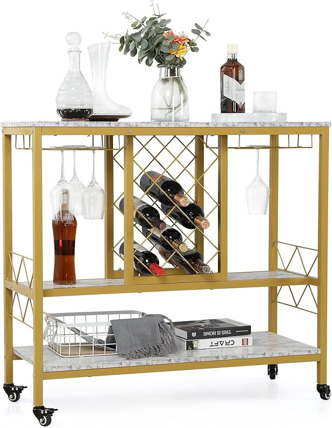 AVAWING Wine Rack Table w/Glass Holder, Industrial Wine Bar Cart w/Storage, 8 Bottle Metal Bar Ca... | Amazon (US)