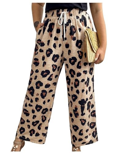 BEAUDRM Women's Plus Size Leopard Print Pants Drawstring Elastic High Waist Wide Leg Flare Harem Pants Multicolor 0XL | Amazon (US)