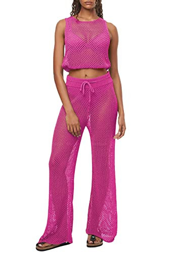 Pink Queen Beach Outfits for Women 2 Piece Swimsuit Cover Up Set Bikini Coverup Tank Top Crochet Pants Rose Red S | Amazon (US)