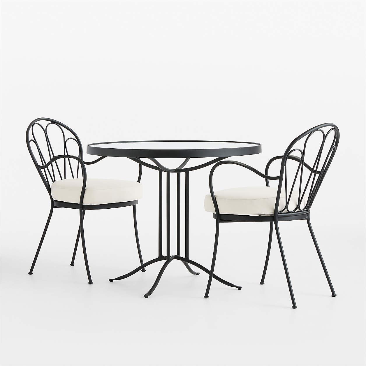Galleria 35" Metal and Glass Top Outdoor Bistro Dining Table Set | Crate & Barrel | Crate & Barrel