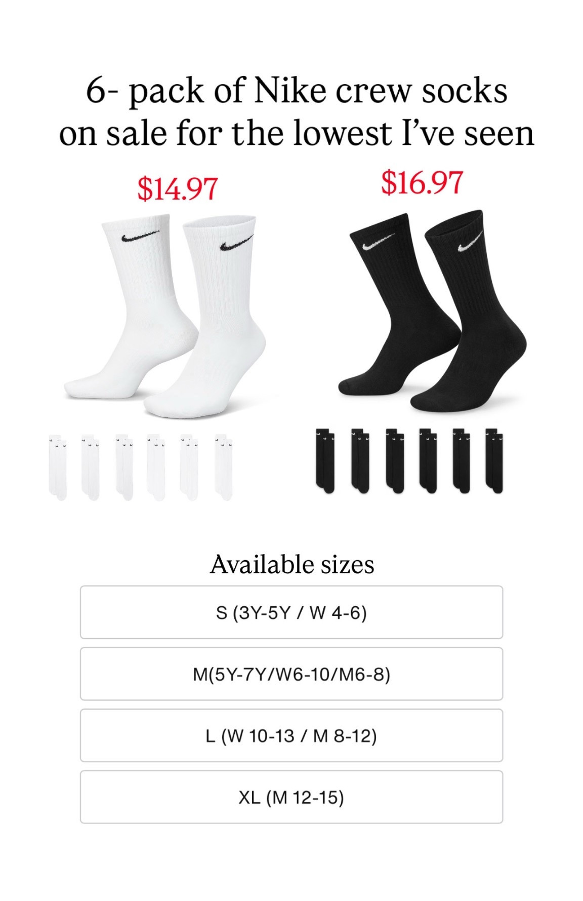 Nike cushion crew socks 6 pack


#LTKCyberWeek #LTKSaleAlert #LTKFindsUnder50