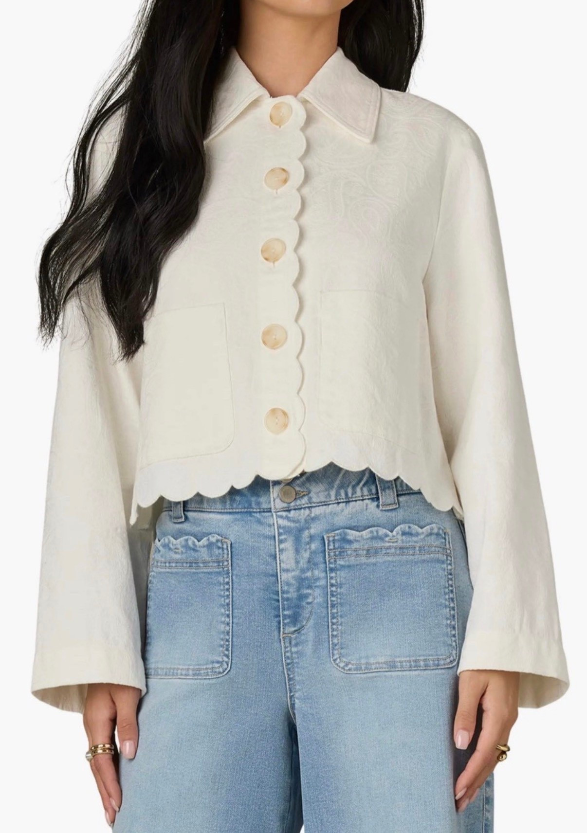 Scallop jacket
White top
Scallop top
Front pocket jeans 


#LTKSeasonal