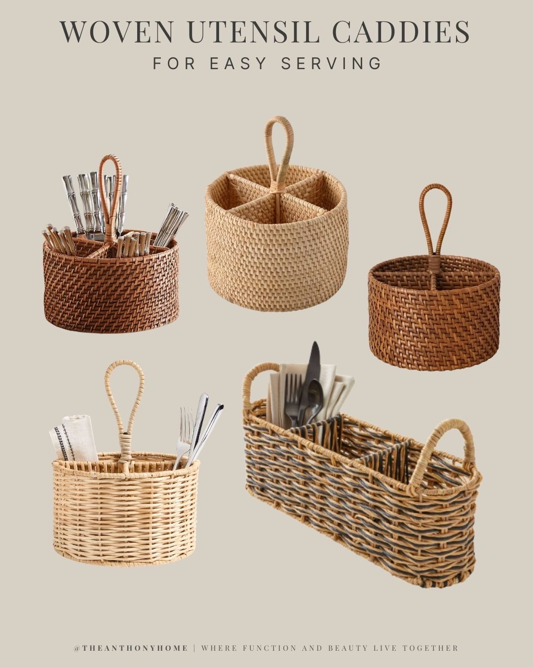 Woven utensil caddies for easy serving, buffet lines, outdoor entertaining, casual dinners, and self-serve hosting. These are perfect for holding forks, knives, spoons, napkins, paper napkins, cocktail napkins, and serving utensils on a kitchen island, drink station, patio table, or buffet. I love these for family-style dinners, backyard parties, brunches, showers, holiday hosting, and any setup where guests need to grab what they need without asking.

#LTKfoodie #LTKHome