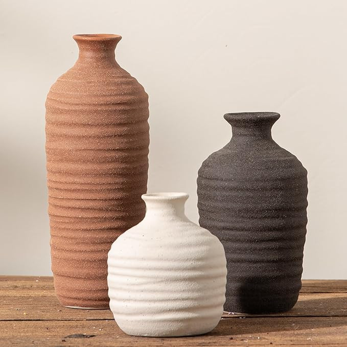 Ceramic Vase Set of 3 Neutral Decorative Vase for Farmhouse, Boho, or Rustic Home Decor Pottery V... | Amazon (US)