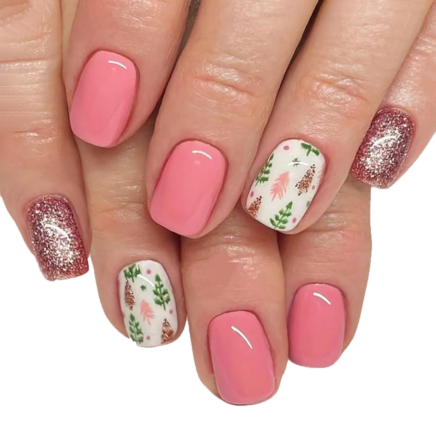 Christmas Fake Nails Square Short Press On Nails Pink Christmas Nail Press Ons Glitter Fasle Nail... | Amazon (US)