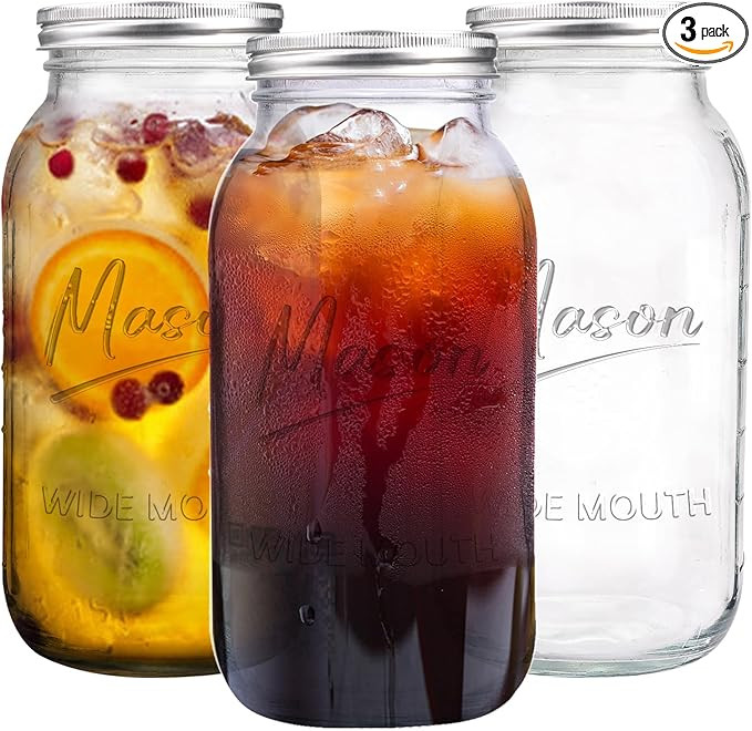64 oz Mason Jar Wide Mouth,3 Pack Large Half Gallon Mason Jars with Airtight Lid,Big Glass Jars f... | Amazon (US)