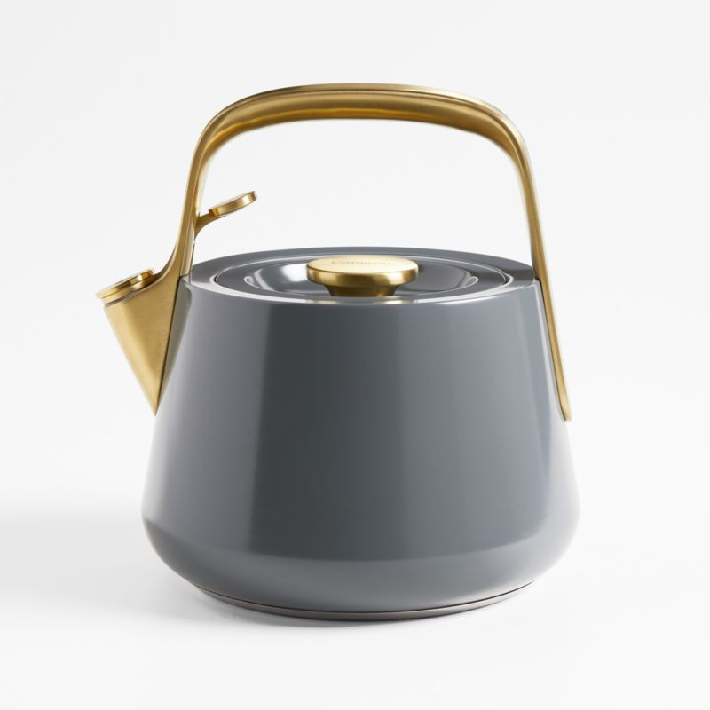 Caraway Home Graphite Stovetop Whistling Tea Kettle with Gold Hardware + Reviews | Crate & Barrel | Crate & Barrel