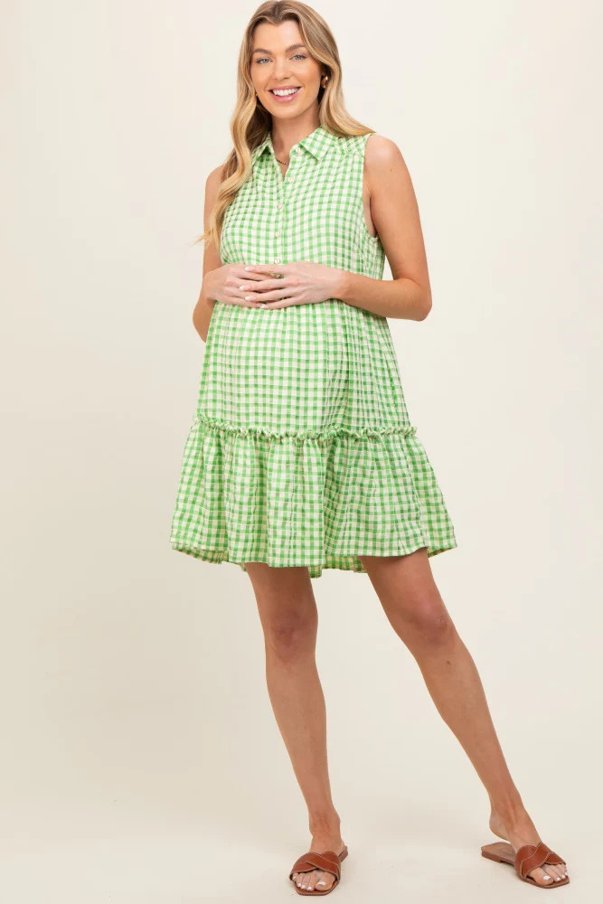 Green Gingham Button Front Collared Maternity Dress | PinkBlush Maternity