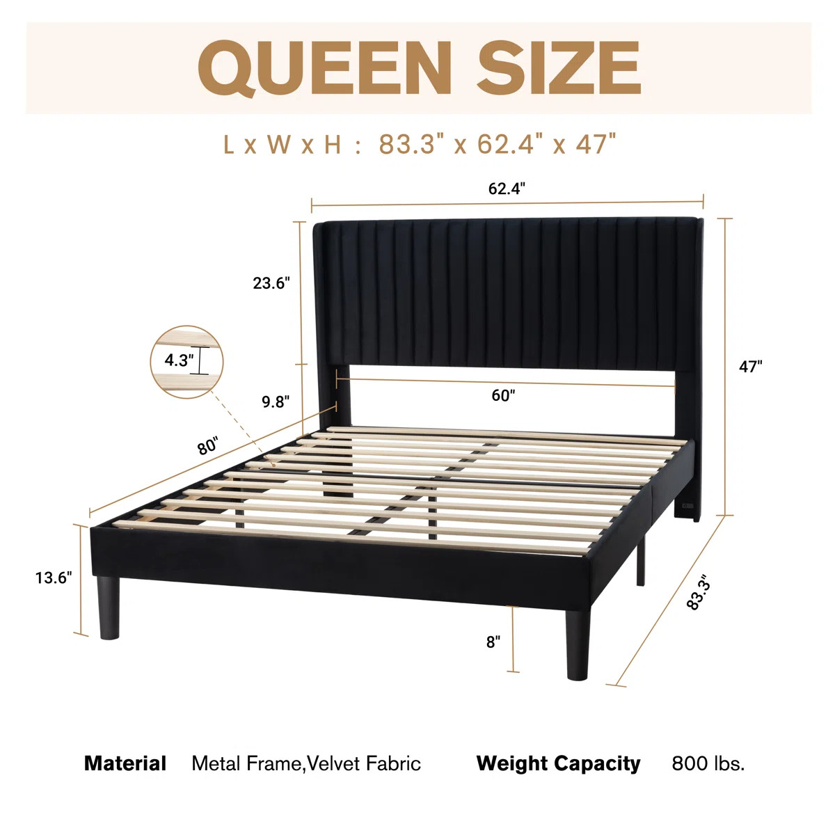 Candler Velvet Upholstered Platform Bed with Wingback Headboard and Wooden Slats | Wayfair North America