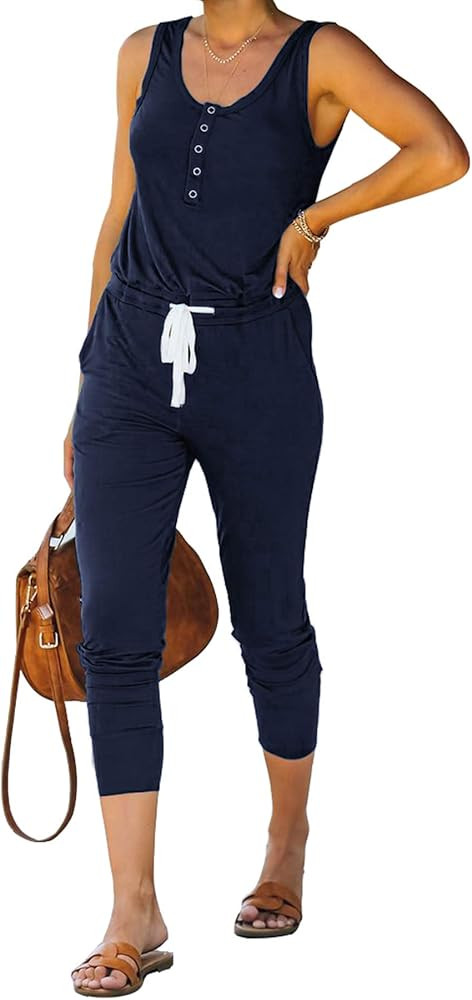 PRETTYGARDEN Women’s Casual Solid Sleeveless Jumpsuit Crewneck Drawstring Waist Stretchy Long P... | Amazon (US)
