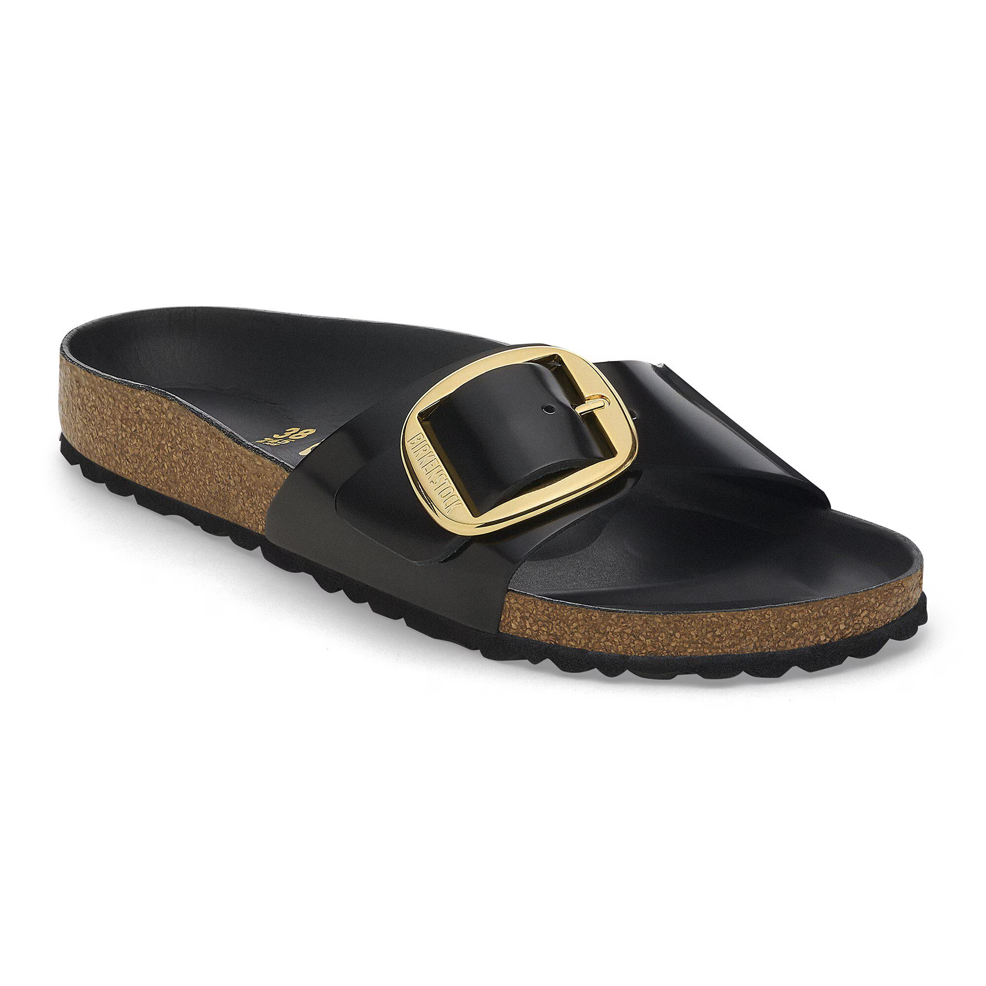 Madrid Big Buckle Natural Leather Patent High Shine Black One-Strap Sandals | Birkenstock USA