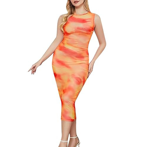Womens Summer 2024 Bodycon Tie Dye Dress Sleeveless Crew Neck Mesh Cocktail Party Maxi Dresses Orange | Amazon (US)