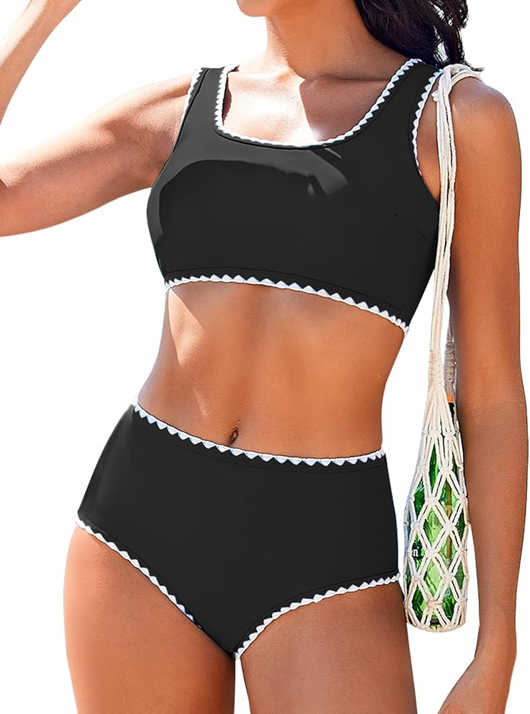 AI'MAGE Women's Bikini Sets High Waisted Two Piece Swimsuits 2025 Scoop Neck Sporty Bathing Suits... | Amazon (US)