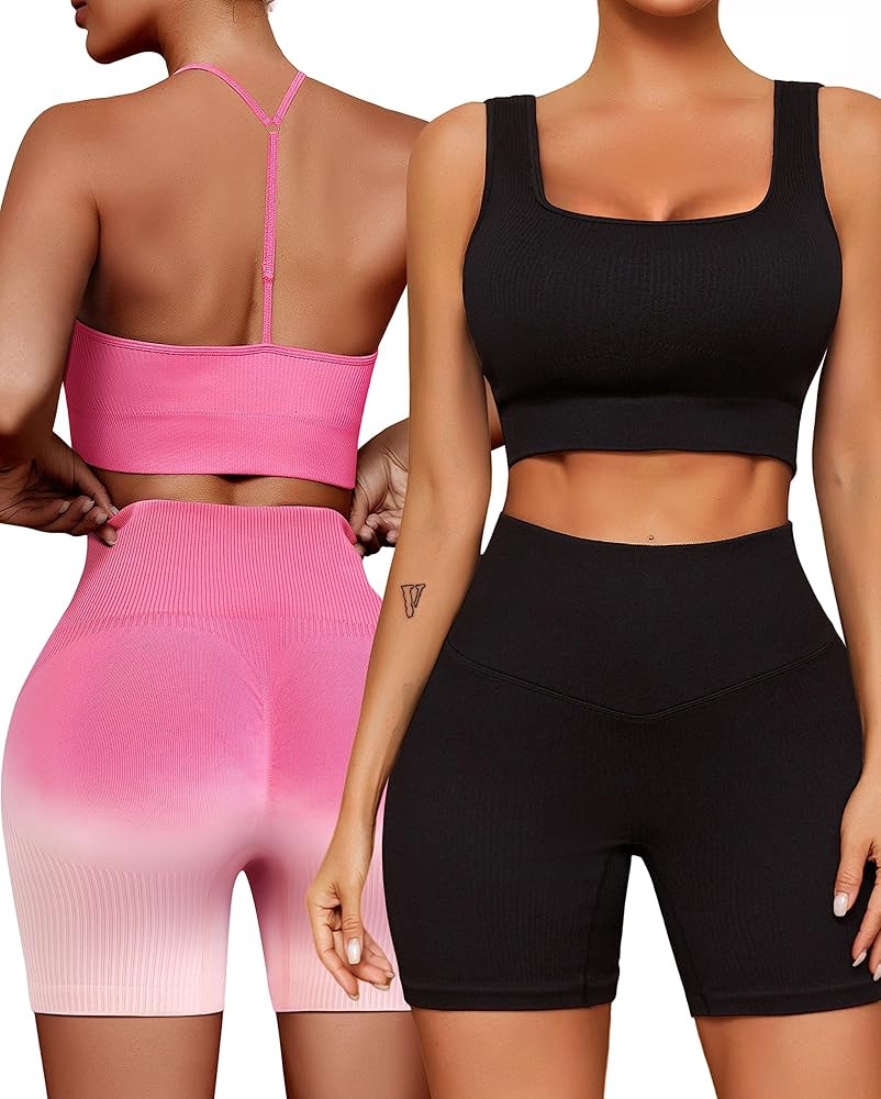 Workout Outfits Sets for Women 4 piece Seamless Backless Tank Sport Bra High Waist Short Yoga Gym... | Amazon (US)