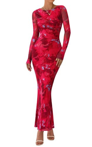 PRETTYGARDEN Womens Fall Dresses 2025 Casual Floral Print Crew Neck Long Sleeve Dress for Women Wedding Guest Outfits (Floral Red, Medium) | Amazon (US)