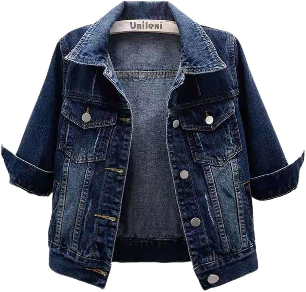 Unilexi Women's 3/4 Sleeve Colored Cropped Denim Jacket Light Wash Short Jean Jacket Trucker Coat | Amazon (US)