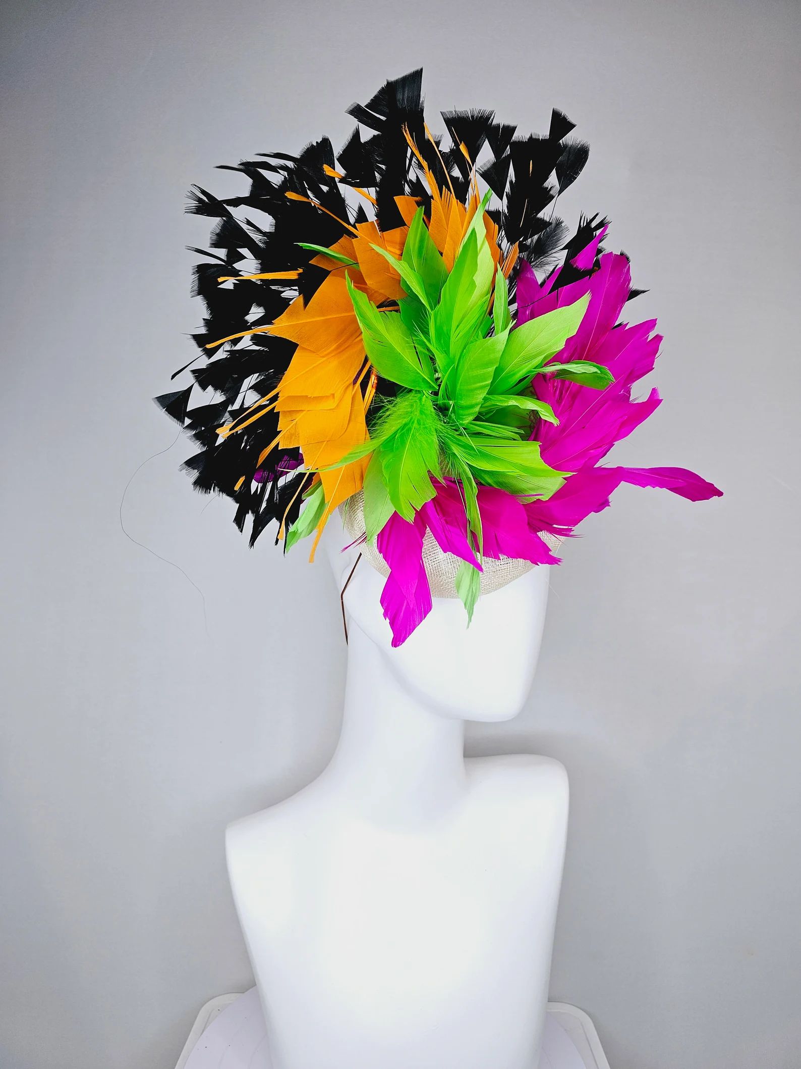 kentucky derby hat fascinator neutral sinamay with rainbow feathers black orange hot pink green | Etsy (US)