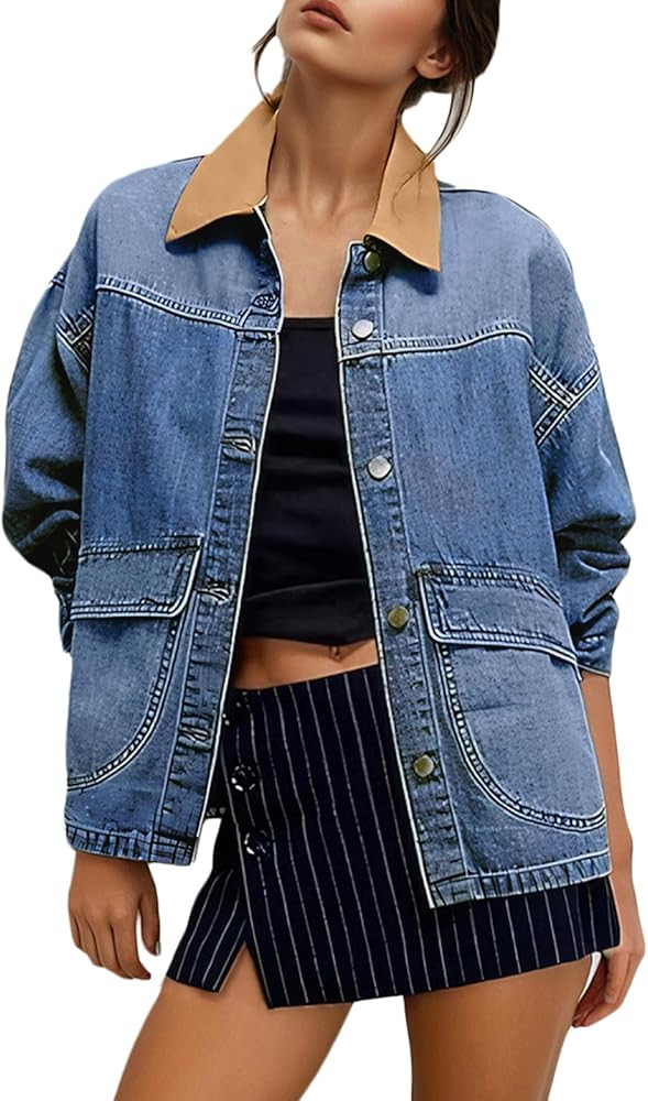 EVALESS Jean Jacket Women Trendy Color Block Denim Jacket Oversized Long Sleeve Button Down Barn ... | Amazon (US)