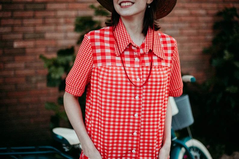Women's vintage house shirt, pockets, red gingham, 60s/1960s, Med | Etsy (US)