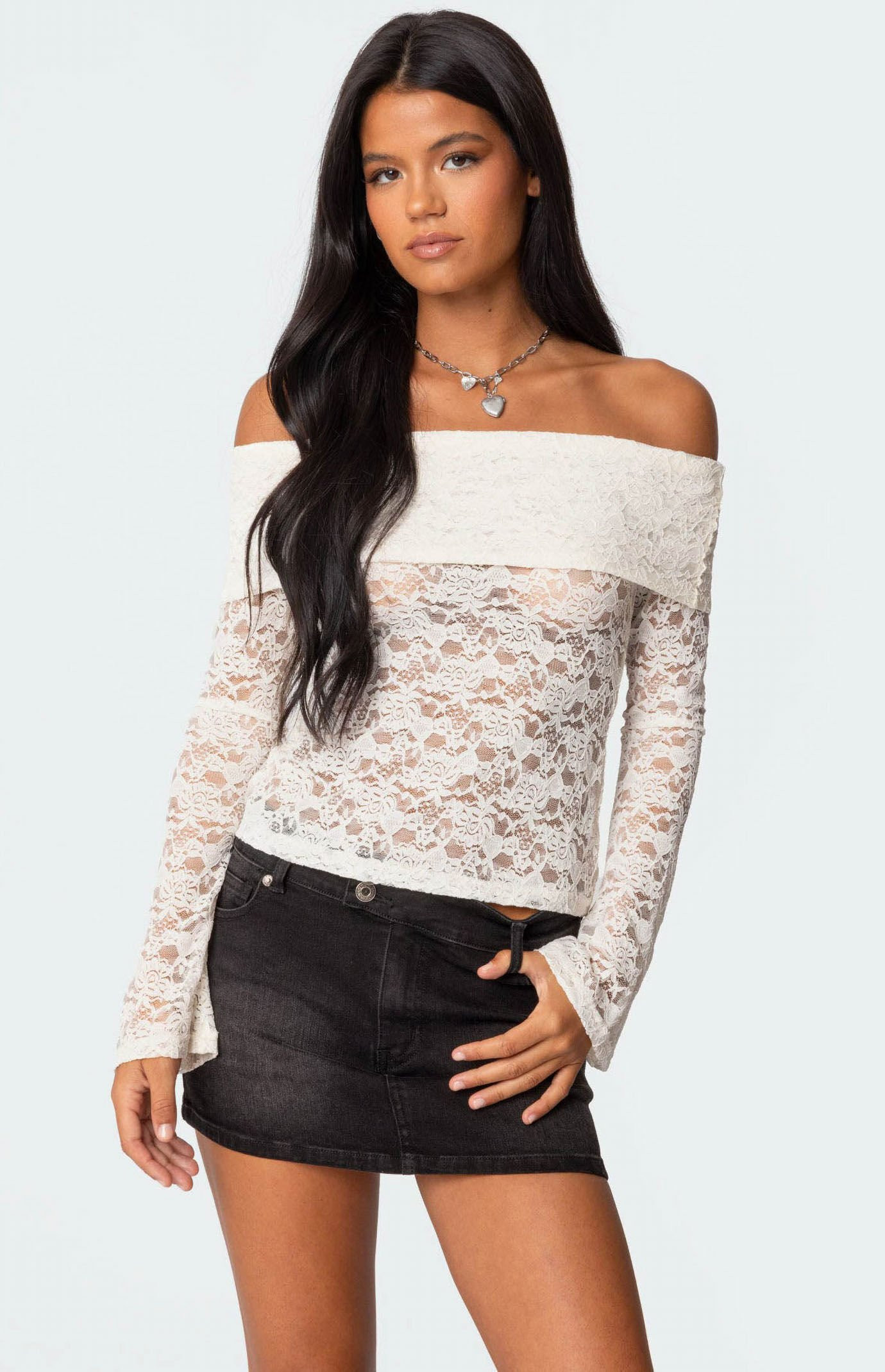 Edikted Women's Ashley Off Shoulder Sheer Lace Top in Cream - Size Medium | PacSun