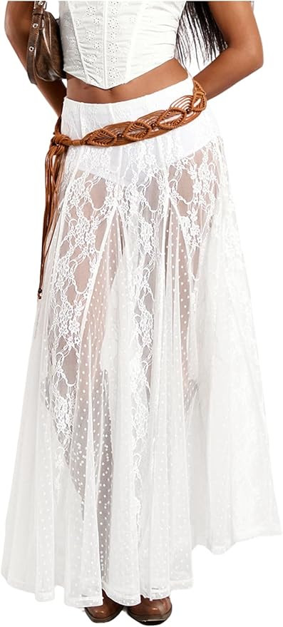 WDIRARA Women's Sexy See Through Sheer Lace Maxi Skirt Low Waist Ruffle Hem A Line Flowy Skirt | Amazon (US)