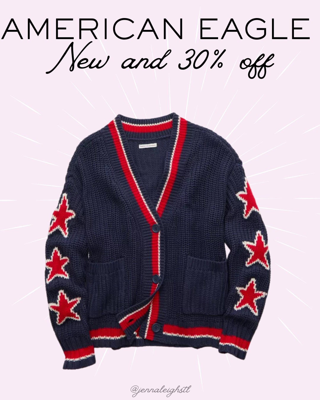 American Eagle 30% off this AE oversized star graphic cardigan sweater. Such a cute statement piece for summer nights, holidays, and all your Americana inspired outfits. 

 #LTKSeasonal #LTKSaleAlert #LTKMidsize
