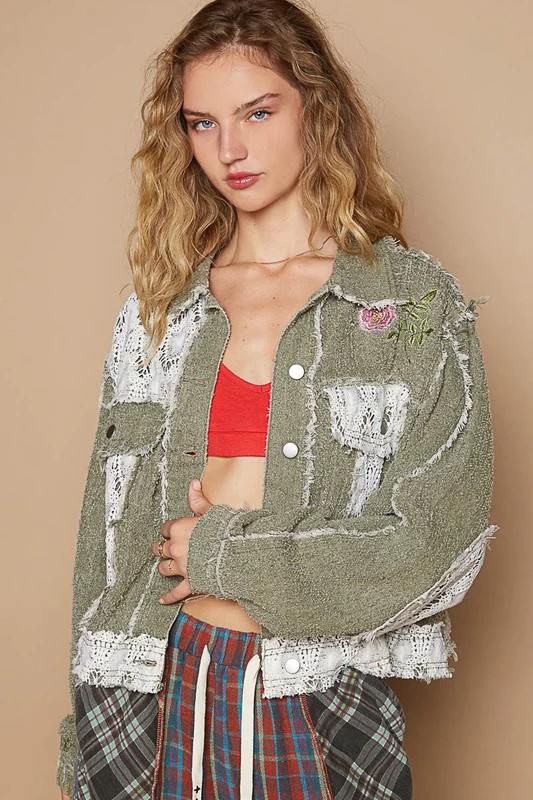 POL Crochet Patch Embroidered Button Up Jacket Olive Multicolor / L | Casual Chic Boutique