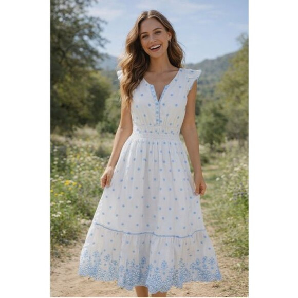 Rachel Zoe White Blue Embroidered Eyelet Maxi Dress US 2 Resort Boho Cottagecore | Poshmark