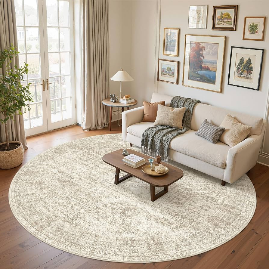 Soalmost Round Rugs 8ft Living Room Circle Area Rug 8x8 Beige Vintage | Amazon (US)