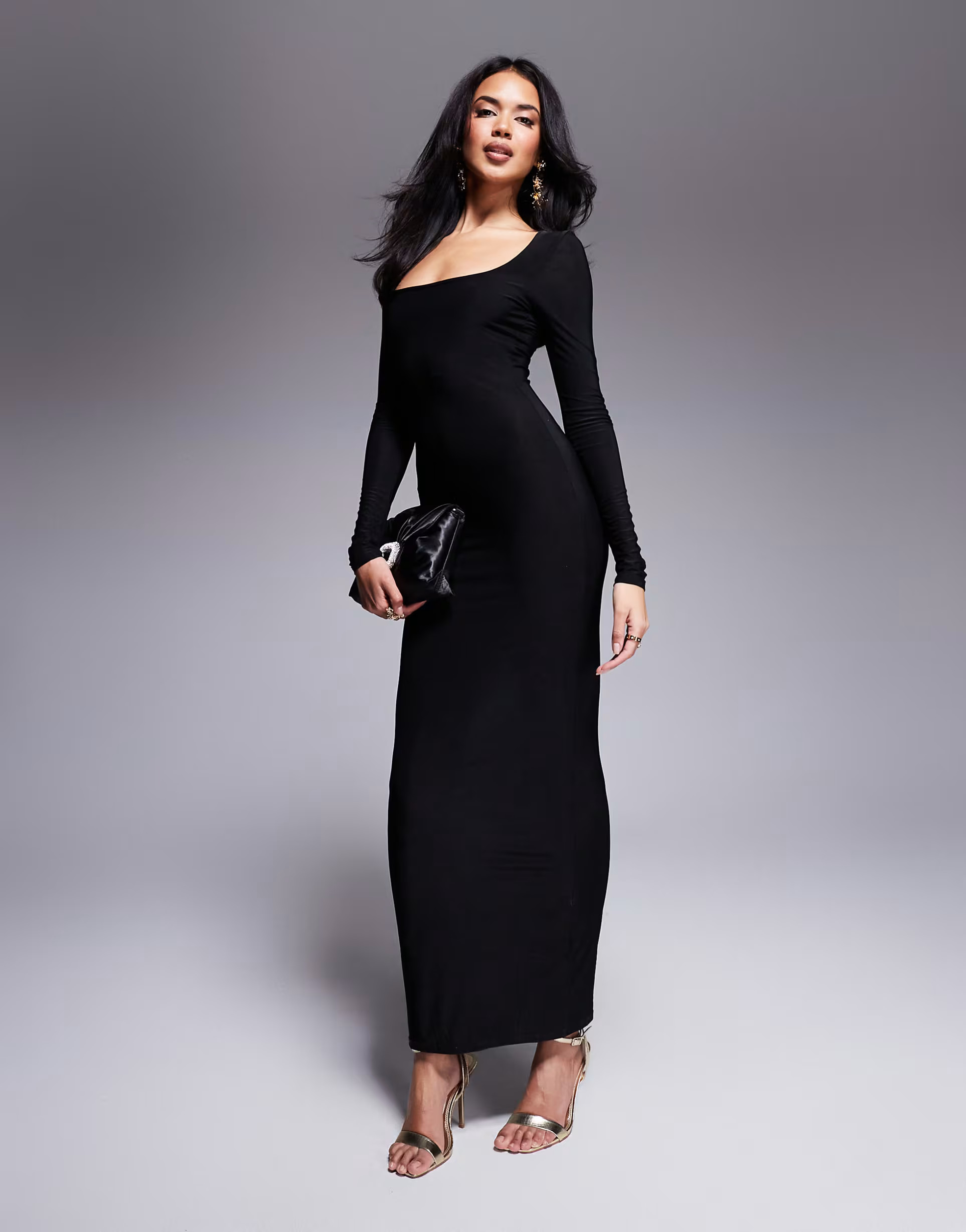 ASOS DESIGN square neck long sleeve slinky maxi dress in black | ASOS (Global)