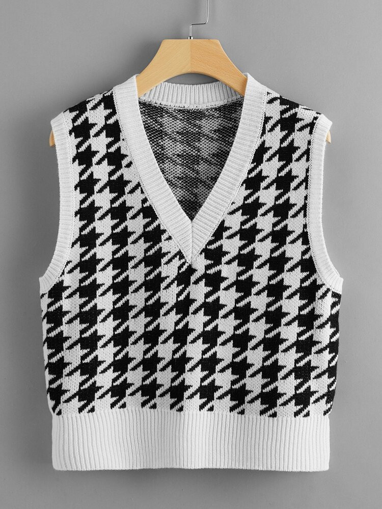V Neck Houndstooth Pattern Sweater Vest | SHEIN