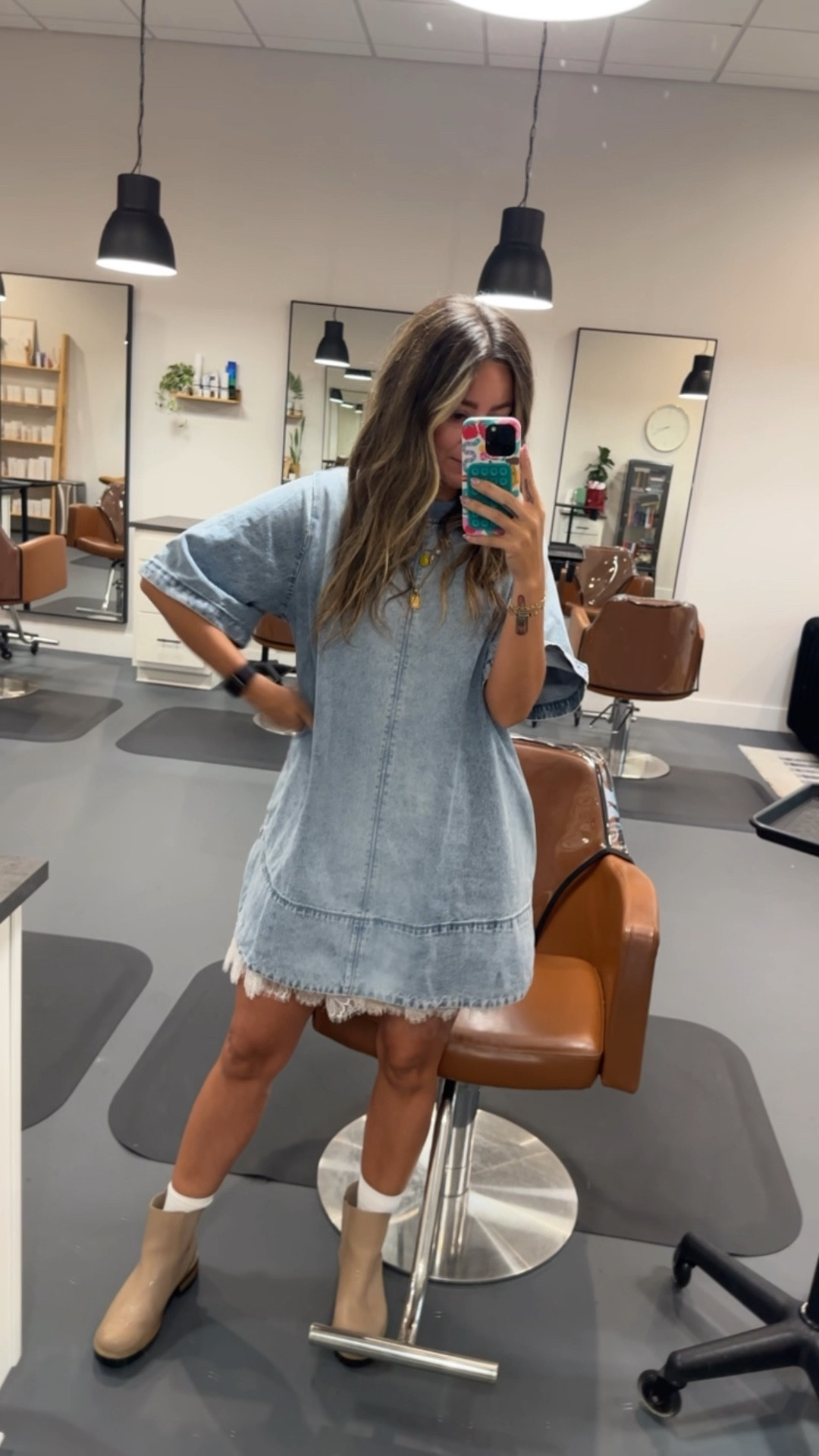This denim mini dress is the perfect transition into fall and I think I also need the sage green! I’m 5’7” and the wearing a size small and added the lace skirt under for some extra length while at the salon today!  

#LTKStyleTip #LTKCon #LTKWorkwear