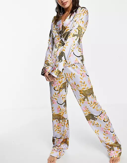 ASOS DESIGN Tall exclusive leopard botanical satin pajama set in lilac | ASOS (Global)