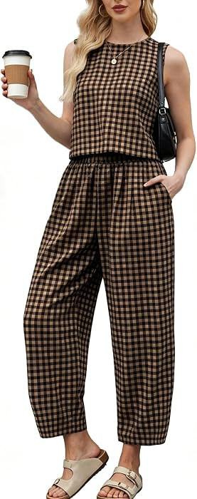 Soft Breathable Cotton\uff0cGingham Plaid Lounge Set\uff0cTank Top\uff0cPockets Wide Leg Pants,Su... | Amazon (US)