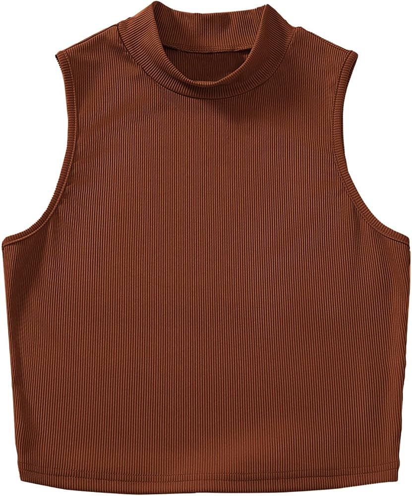 Verdusa Women's Basic Sleeveless Mock Neck Rib Knit Tank Crop Top | Amazon (US)