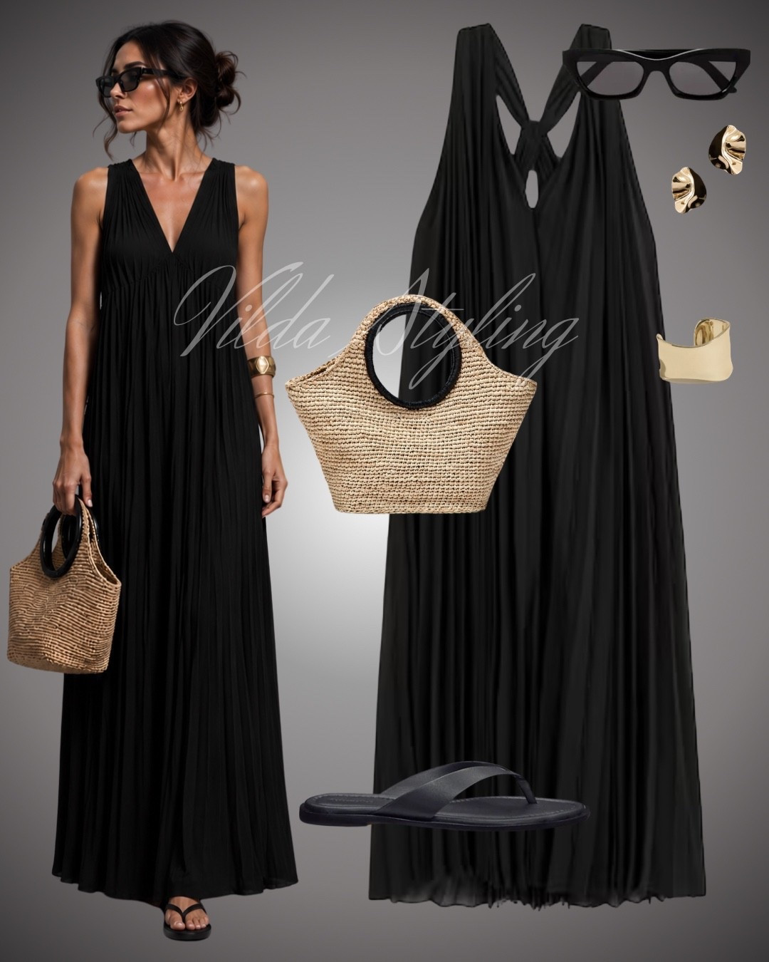 Effortless elegance in all black. 🖤 This pleated maxi is the perfect day-to-night piece. Accessorized with gold details and a straw tote for a touch of texture.

#LTKstyletip #LTKeurope #LTKsalealert  #summerstyle #minimaliststyle #blackdress #strawbag #vacationoutfit

#LTKFashionMonth #LTKdresses #LTKsummer