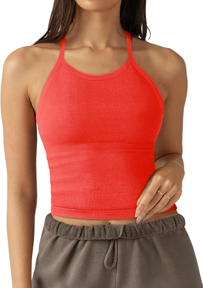 LASLULU Womens Sports Bra Seamless Long Crop Tank Racer Back Spaghetti Strap Workout Yoga Padded ... | Amazon (US)
