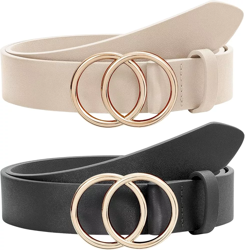 3 Pack Double Ring Belt for Women, Faux Leather Jeans Belts with