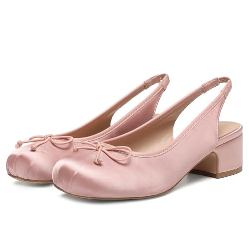 Riekhany Slingback Ballet Heels for Women Cute Bow Square Toe Low Chunky Heel Ballerina Pumps Comfort Satin Mary Jane Heels Shoes with Elastic Rear Strap Pink | Amazon (US)