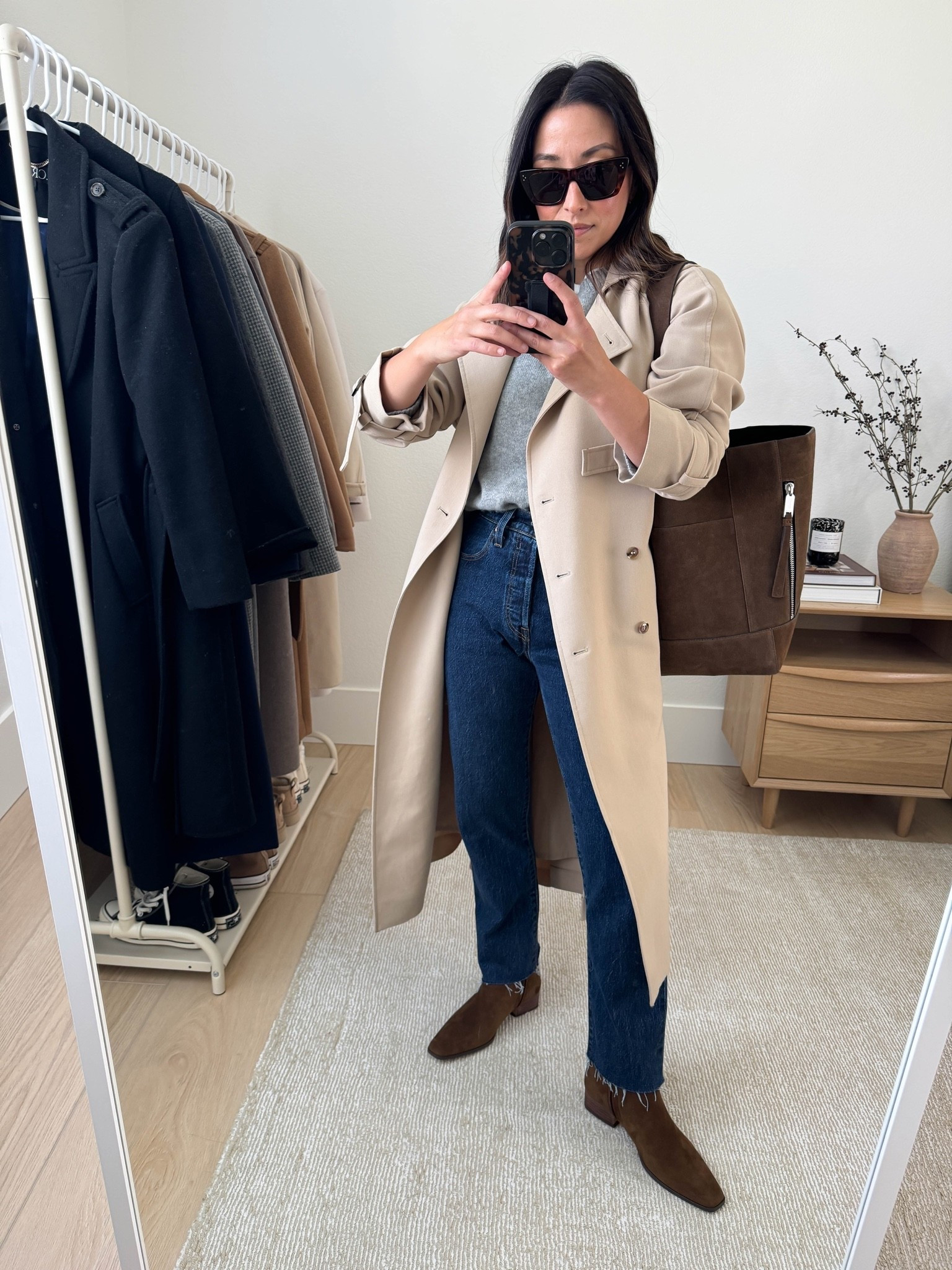 casual workwear outfit idea. 

Oak & Fort trench xxs
Everlane sweater xs
Levis 501 crop jeans in the 28" inseam and I cut the hems
Steve Madden booties 5.5
All Saints tote
Celine sunglasses

Petite style, fall outfits, fall style

#LTKootd #LTKPetite #LTKOver40