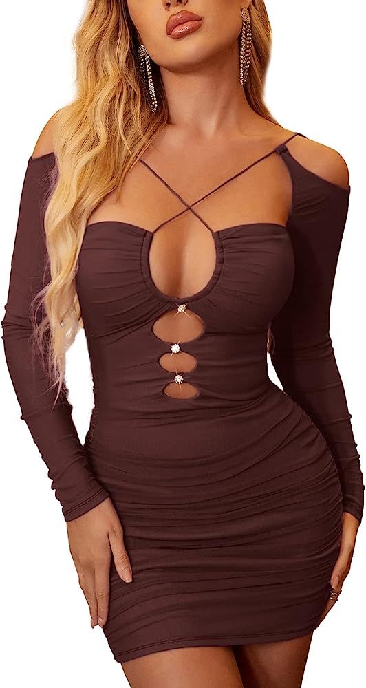 Colysmo Women’s Sexy Hollow Out Bodycon Dress Ruched Mesh Mini Dresses for Club Night Out | Amazon (US)