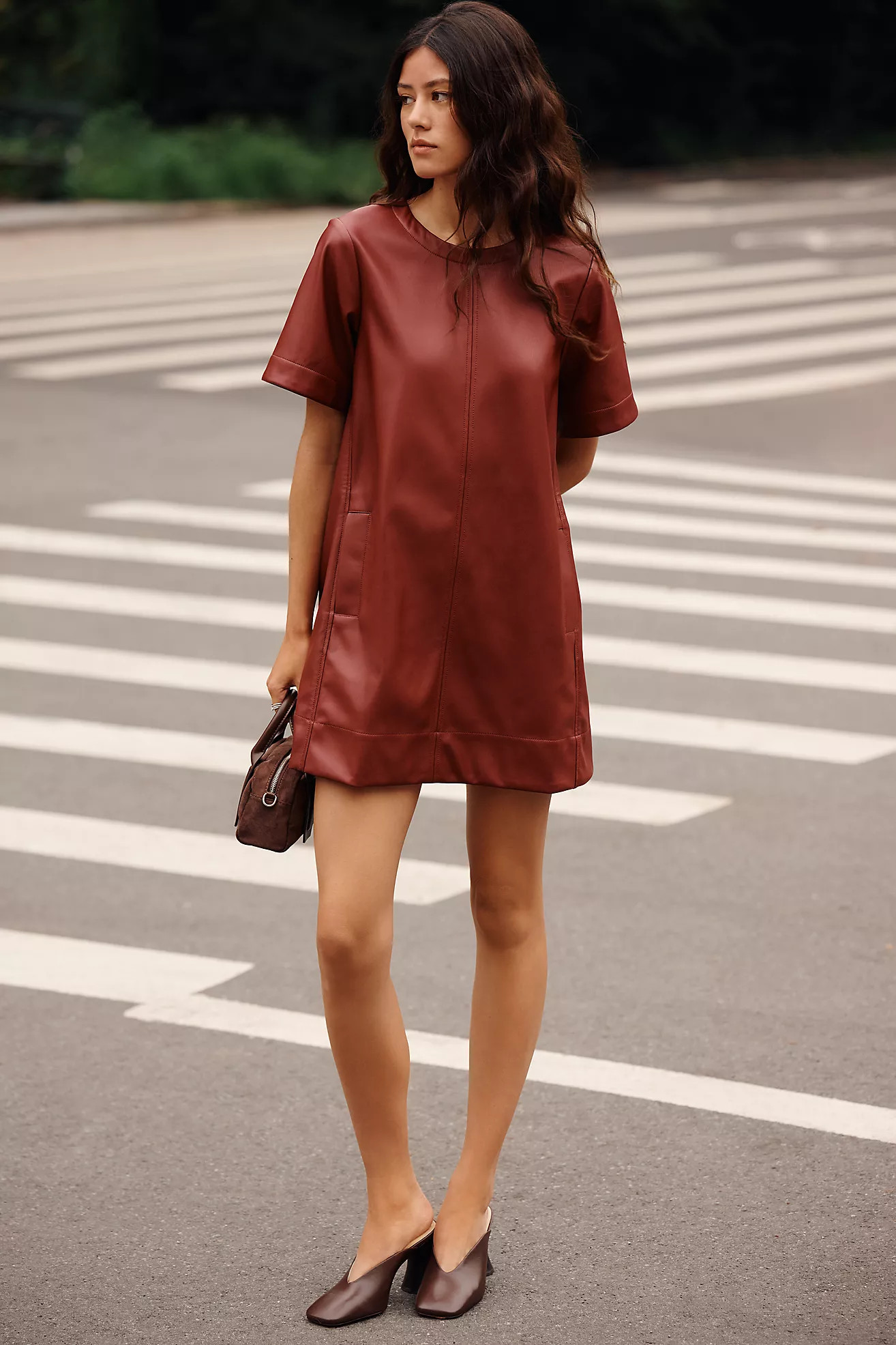 Emmy Faux Leather Short-Sleeve Mini Dress by Maeve | Anthropologie (US)