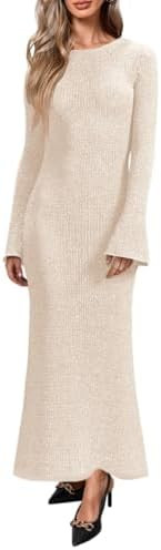 Yousify Womens Bell Long Sleeve Maxi Dress Casual Crewneck Knit Slim Fit Flowy Sweater Dresses | Amazon (US)